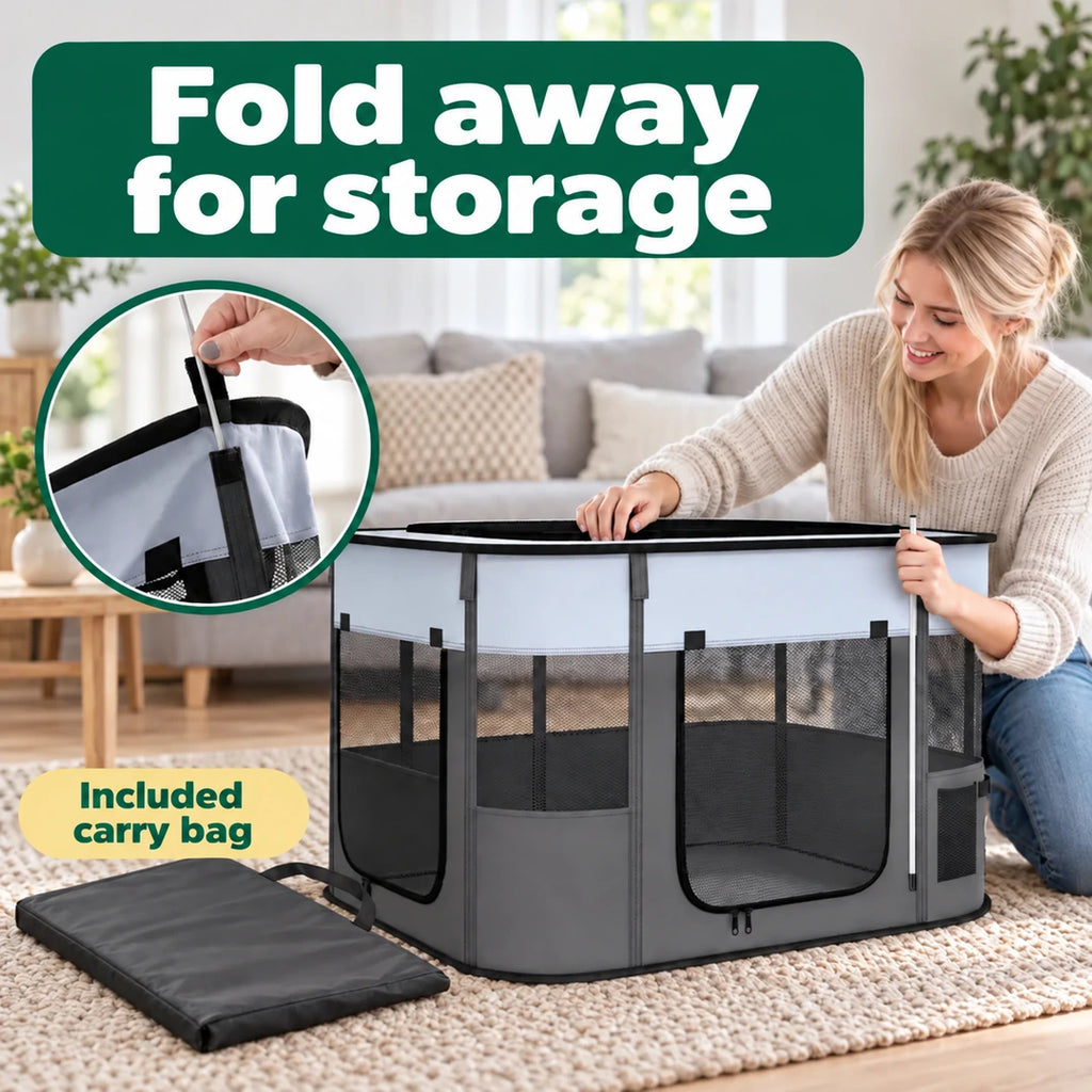 Folding the PawHut playpen for storage in the included bag