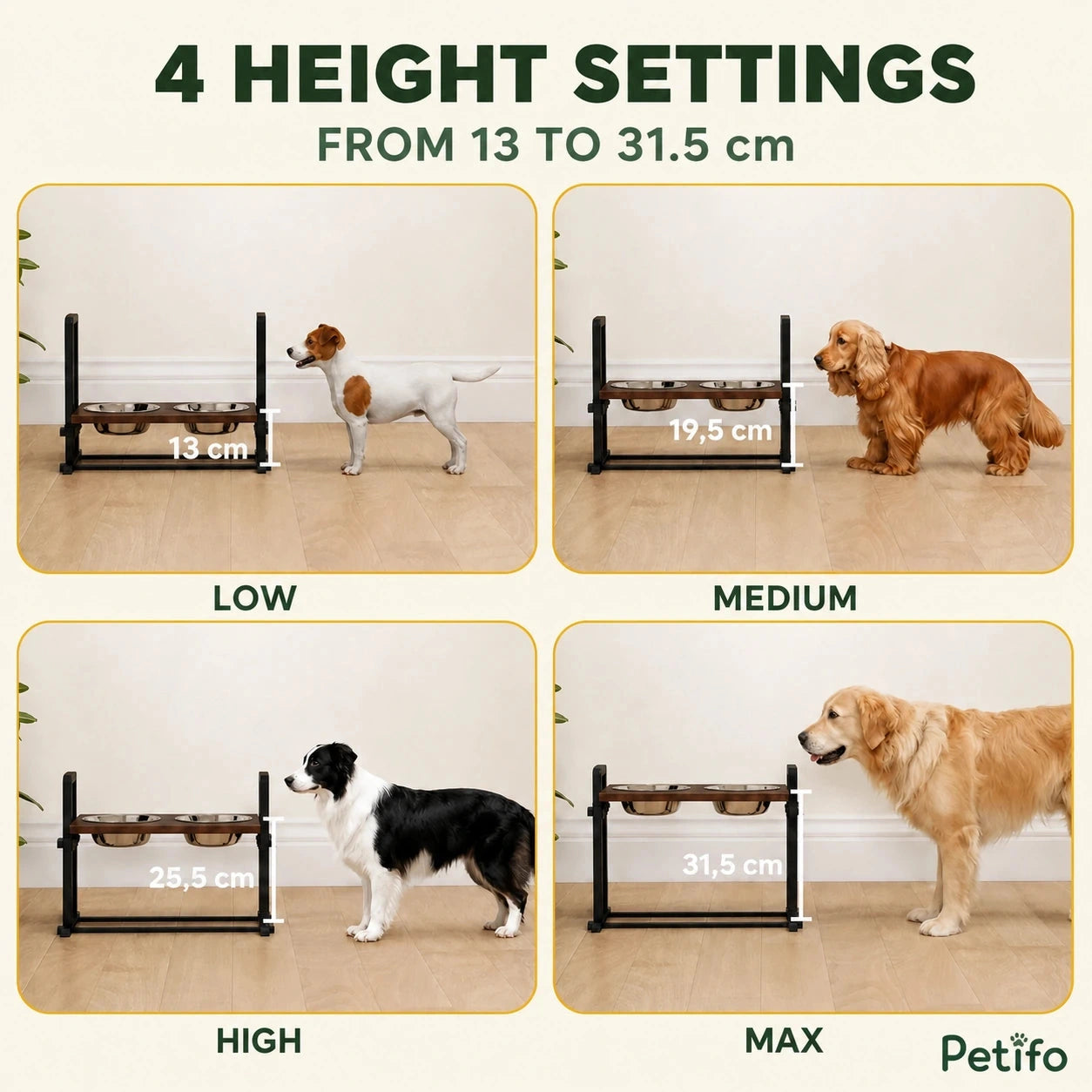 PawHut adjustable raised dog bowls: Four raised dog bowl height settings from 13 to 31.5 cm - Petifo