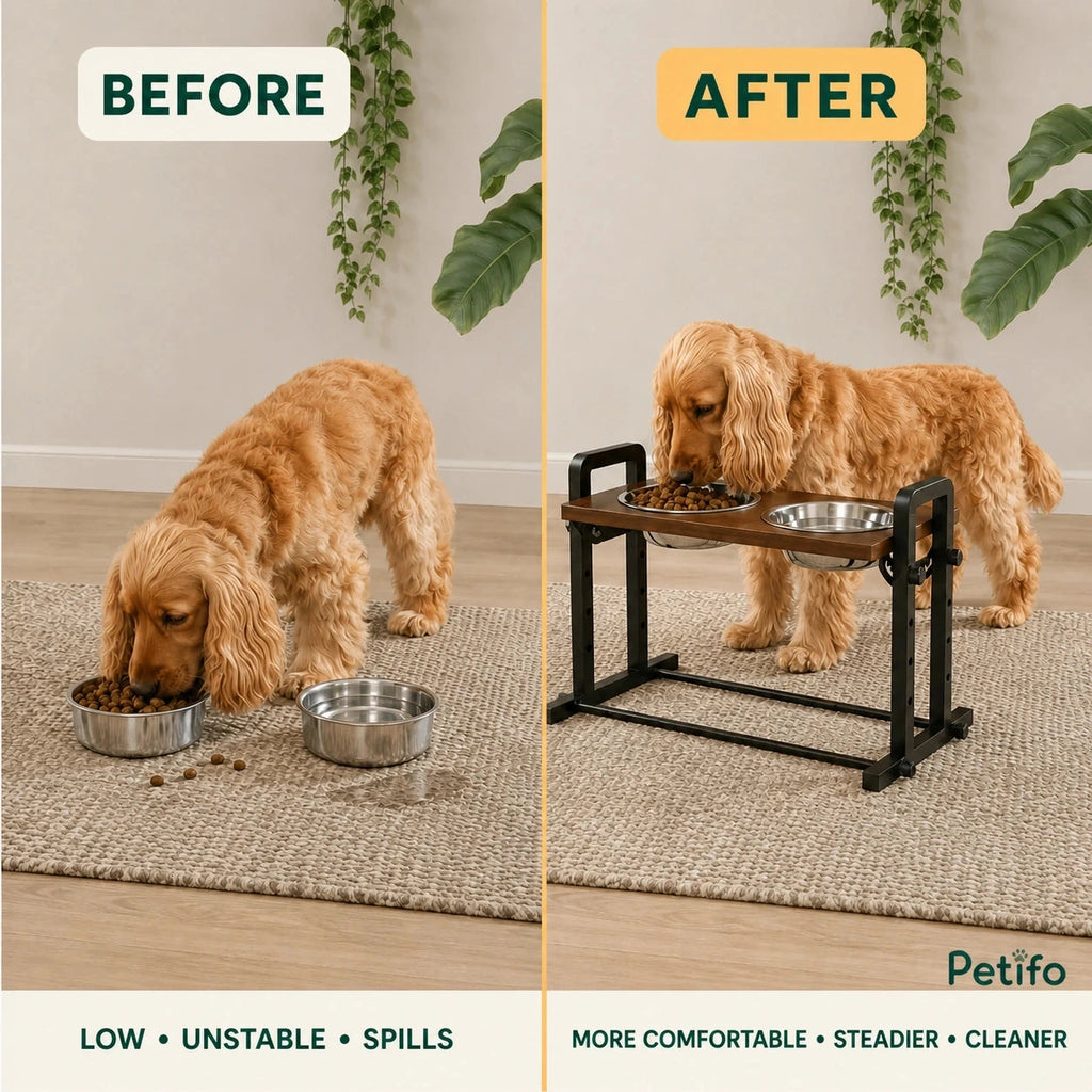 PawHut adjustable raised dog bowls: Low floor bowls compared with a raised feeding position - Petifo
