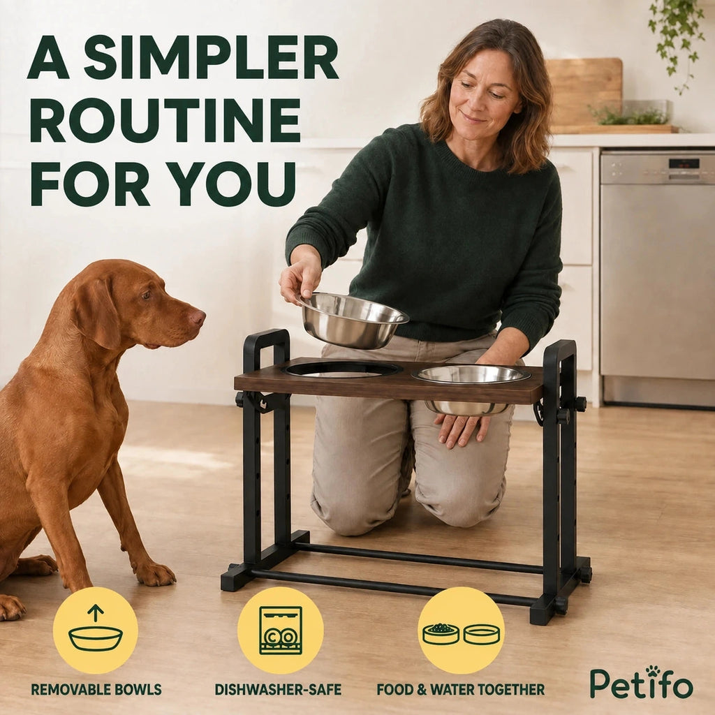 PawHut adjustable raised dog bowls: Owner placing removable bowls into the raised feeding stand - Petifo