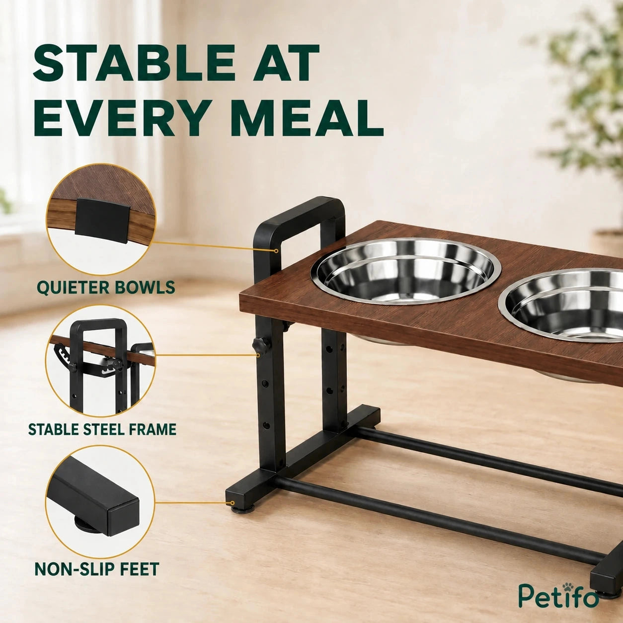 PawHut adjustable raised dog bowls: Stable steel frame, quiet bowl rings and non-slip feet - Petifo