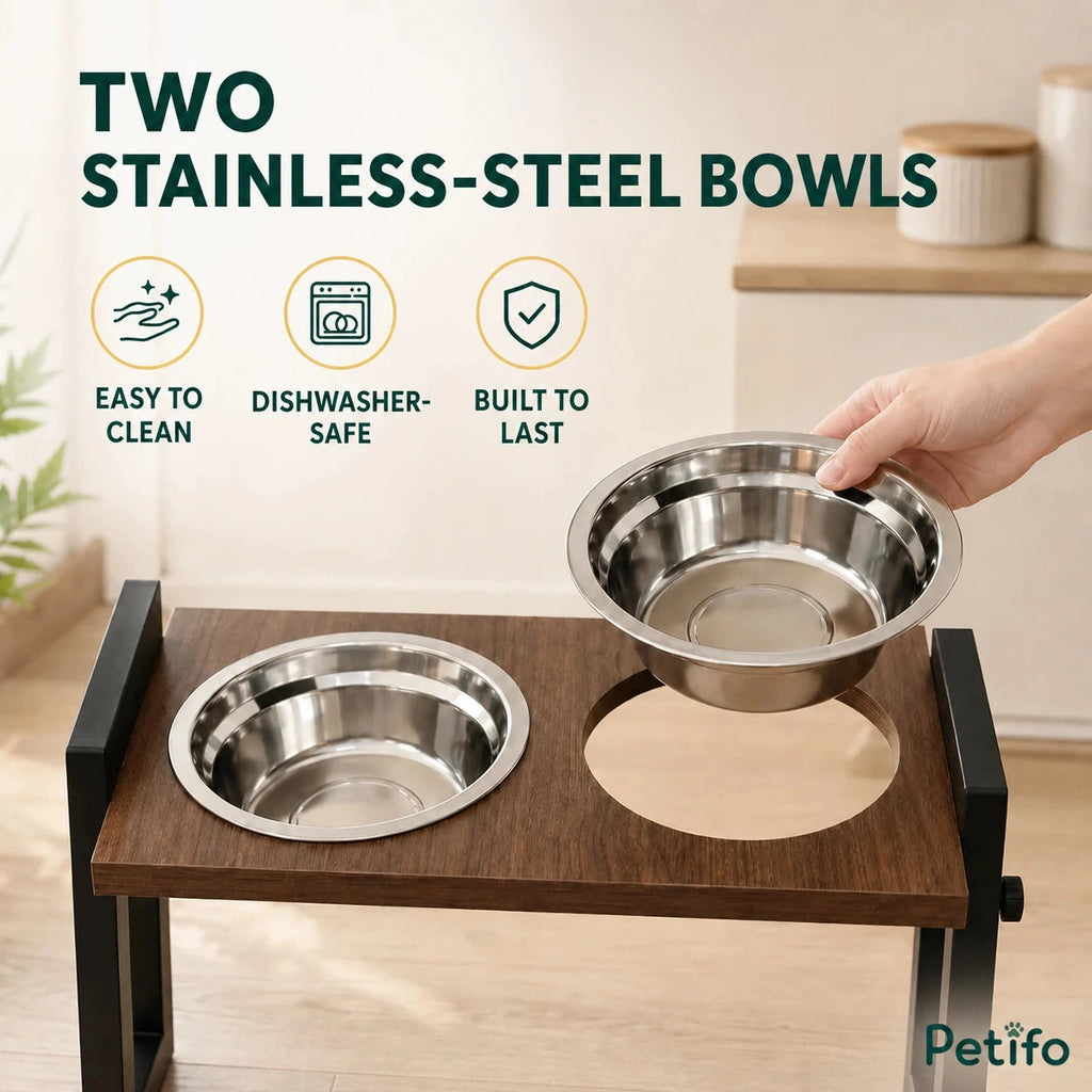 PawHut adjustable raised dog bowls: Two removable dishwasher-safe stainless-steel dog bowls - Petifo