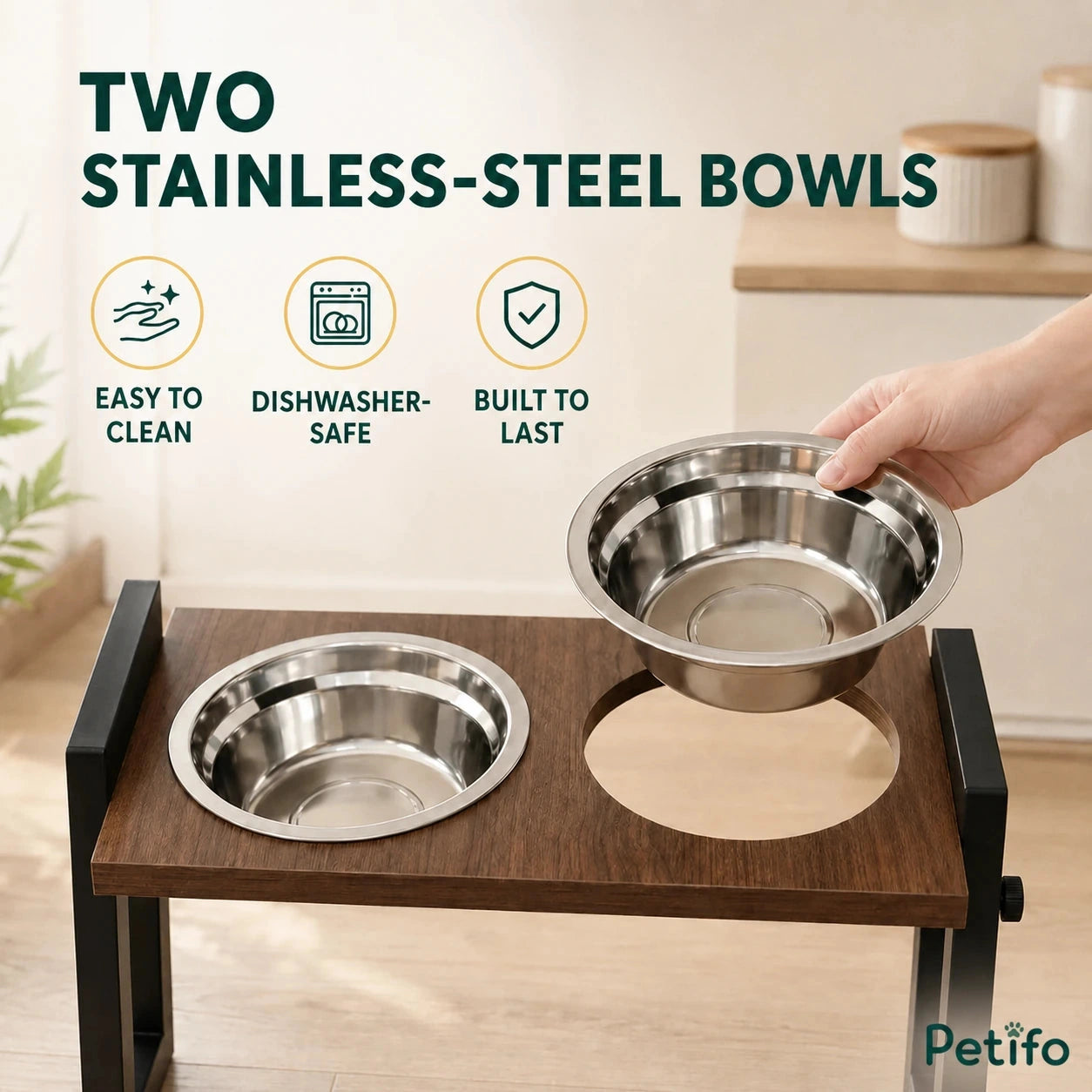 PawHut adjustable raised dog bowls: Two removable dishwasher-safe stainless-steel dog bowls - Petifo