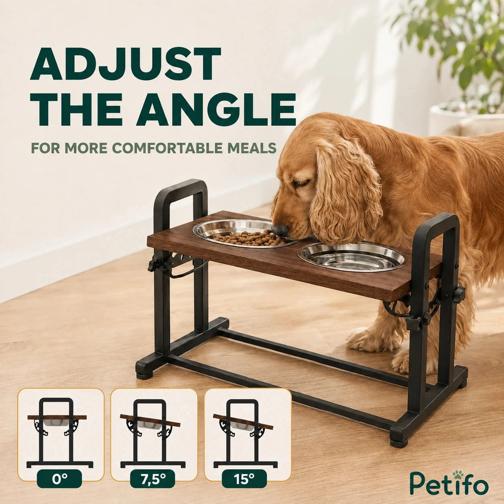 PawHut adjustable raised dog bowls: Dog eating with the bowl platform at three tilt angles - Petifo