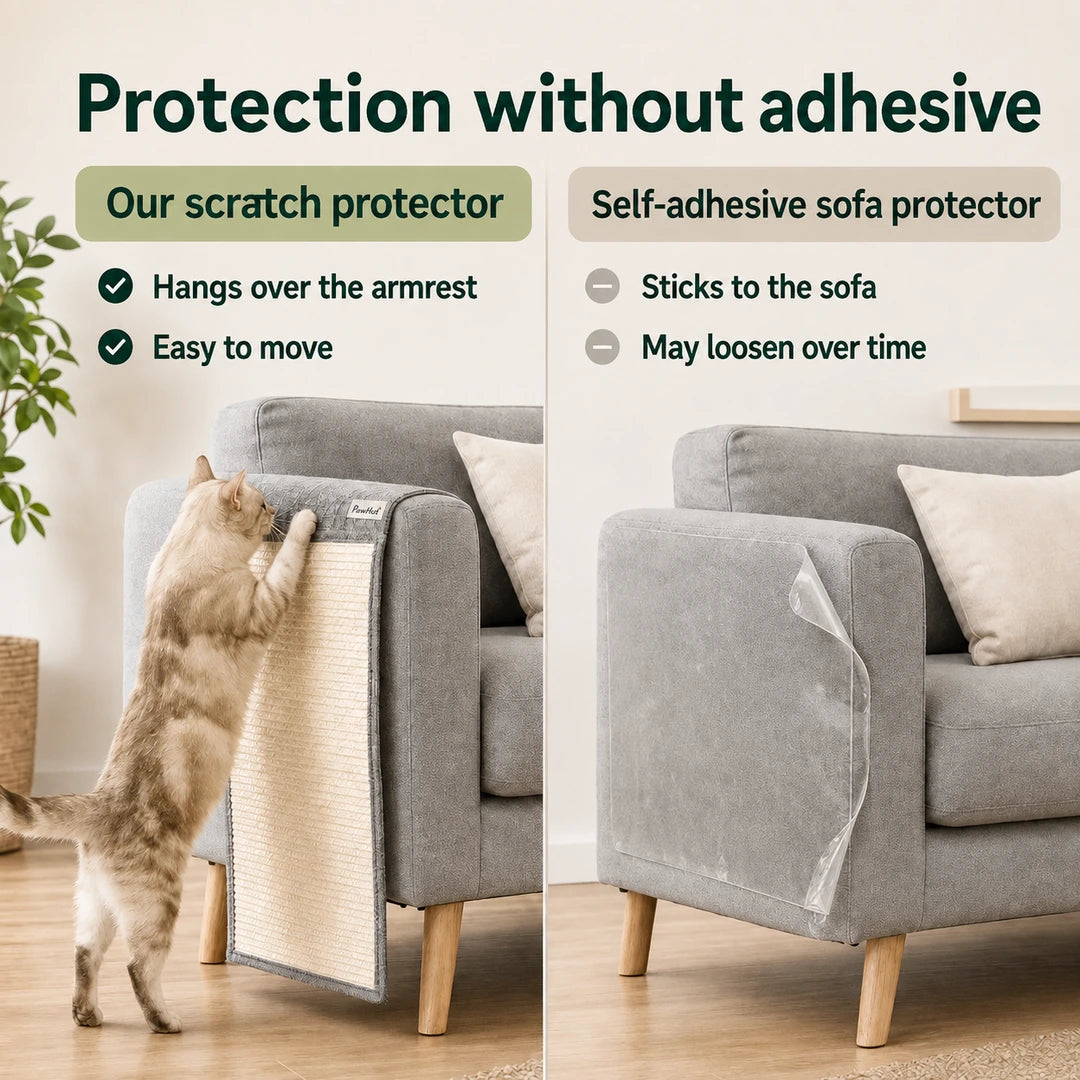 PawHut hanging scratch protector compared with an adhesive sofa protector - Petifo