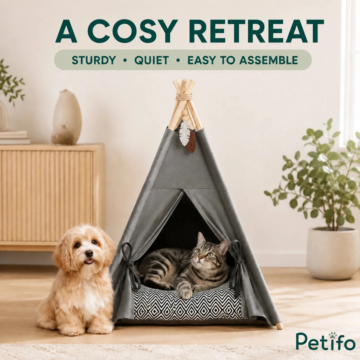 PawHut teepee pet bed: Dog and cat beside the sturdy easy-to-assemble teepee bed - Petifo