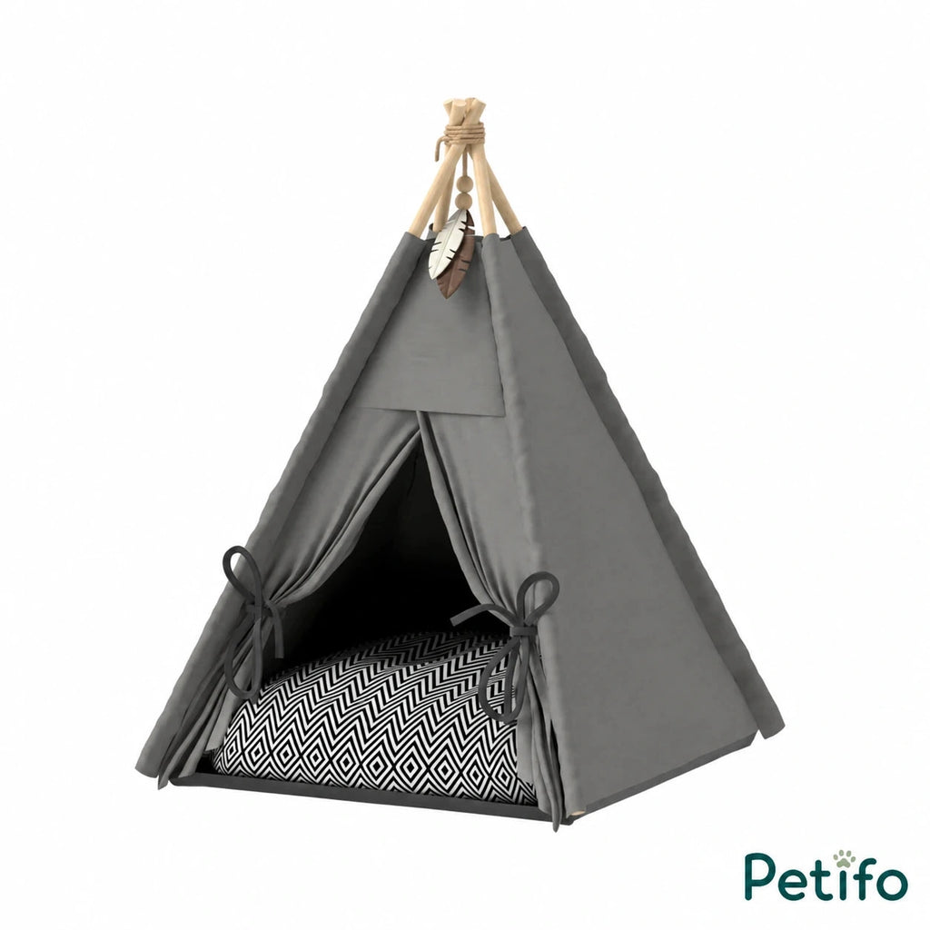 PawHut teepee pet bed: Grey teepee pet bed and patterned cushion on white - Petifo