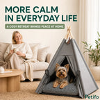 PawHut teepee pet bed: Small dog relaxing in a grey teepee bed beside its owner - Petifo