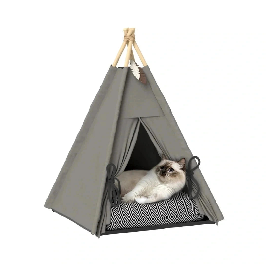 PawHut teepee pet bed: Cat resting inside a grey teepee pet bed with cushion - Petifo