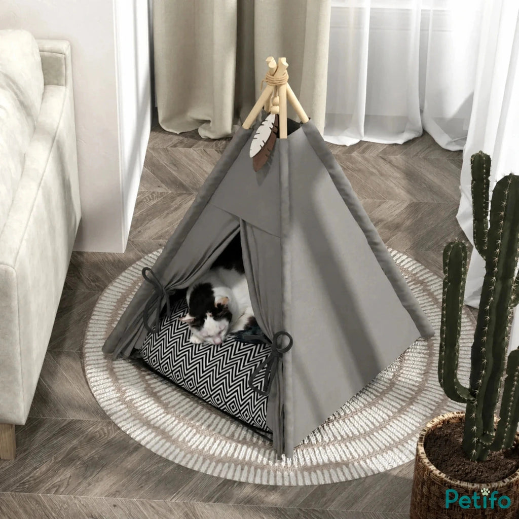 PawHut teepee pet bed: Small dog resting in the teepee bed in a modern room - Petifo