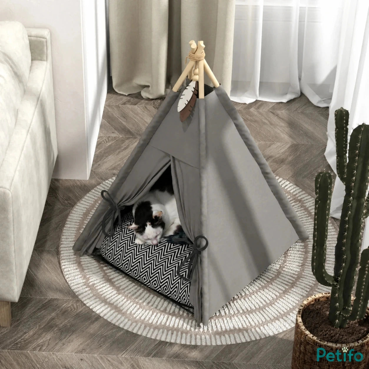 PawHut teepee pet bed: Small dog resting in the teepee bed in a modern room - Petifo