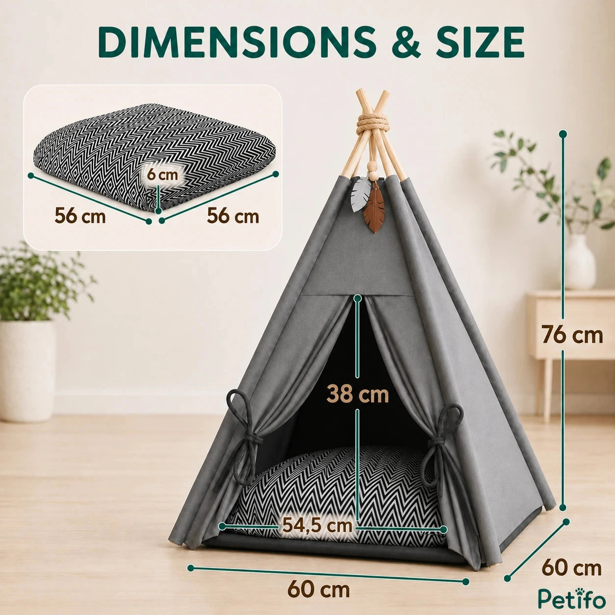 PawHut teepee pet bed: Teepee pet bed dimensions and six-centimetre cushion depth - Petifo