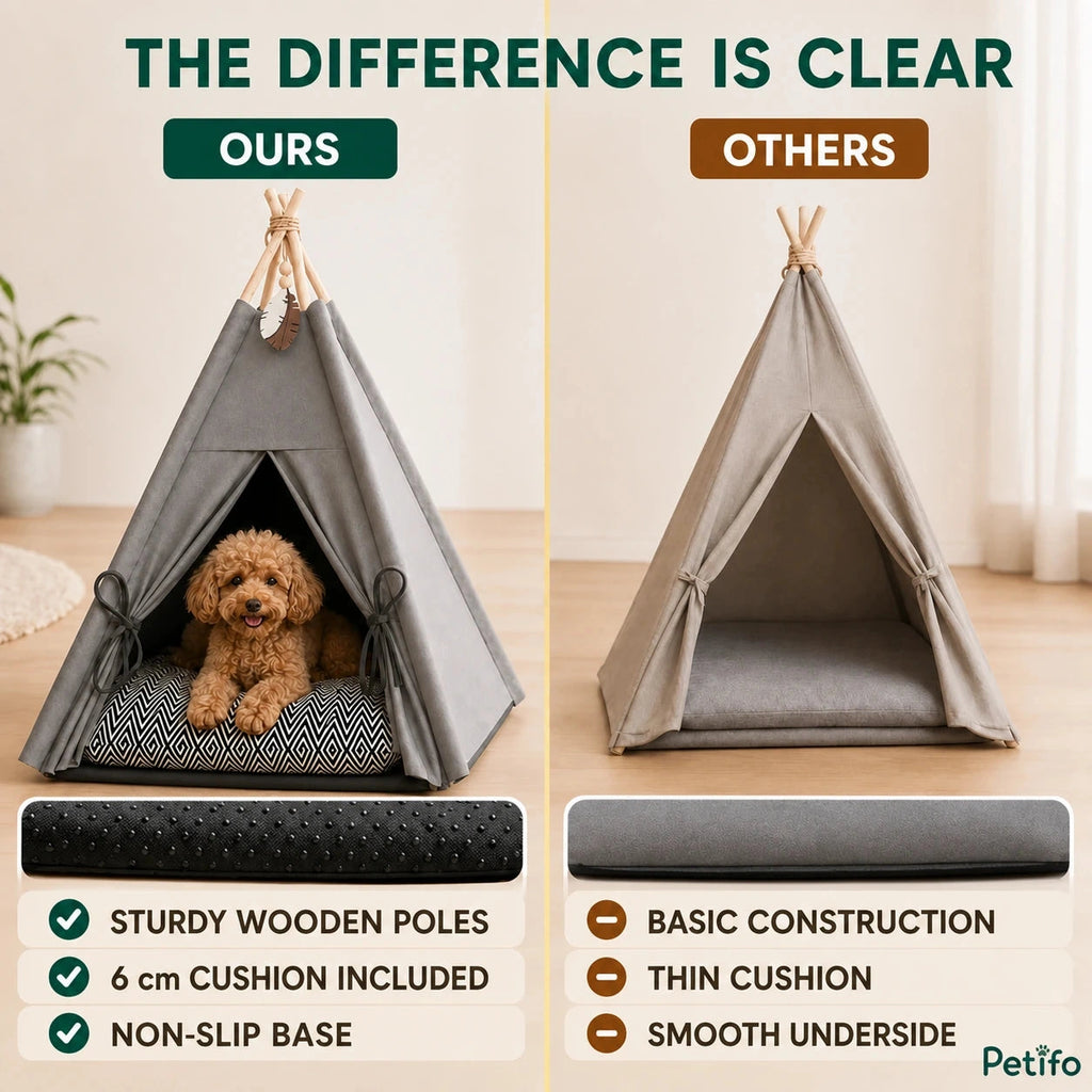 PawHut teepee pet bed: Sturdy cushioned teepee bed compared with a basic pet tent - Petifo