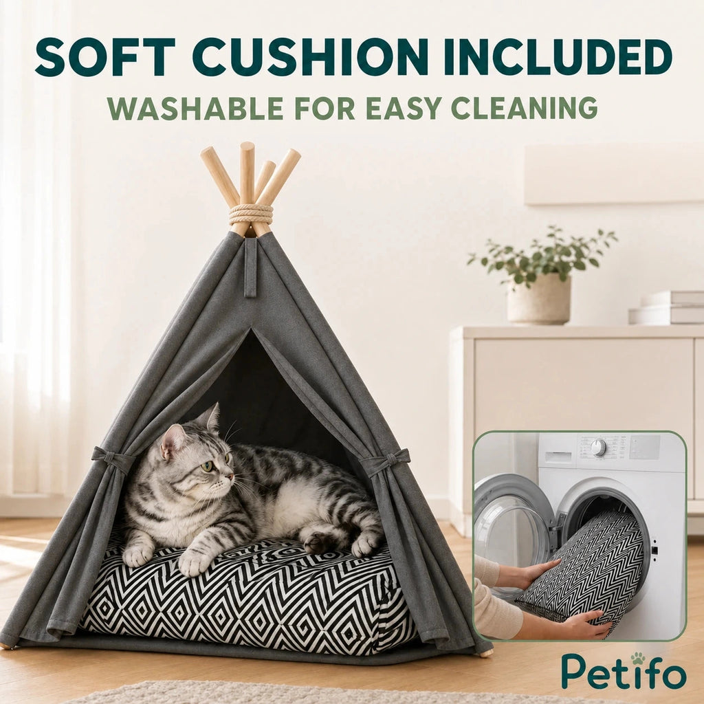 PawHut teepee pet bed: Cat on the removable washable cushion inside the teepee bed - Petifo