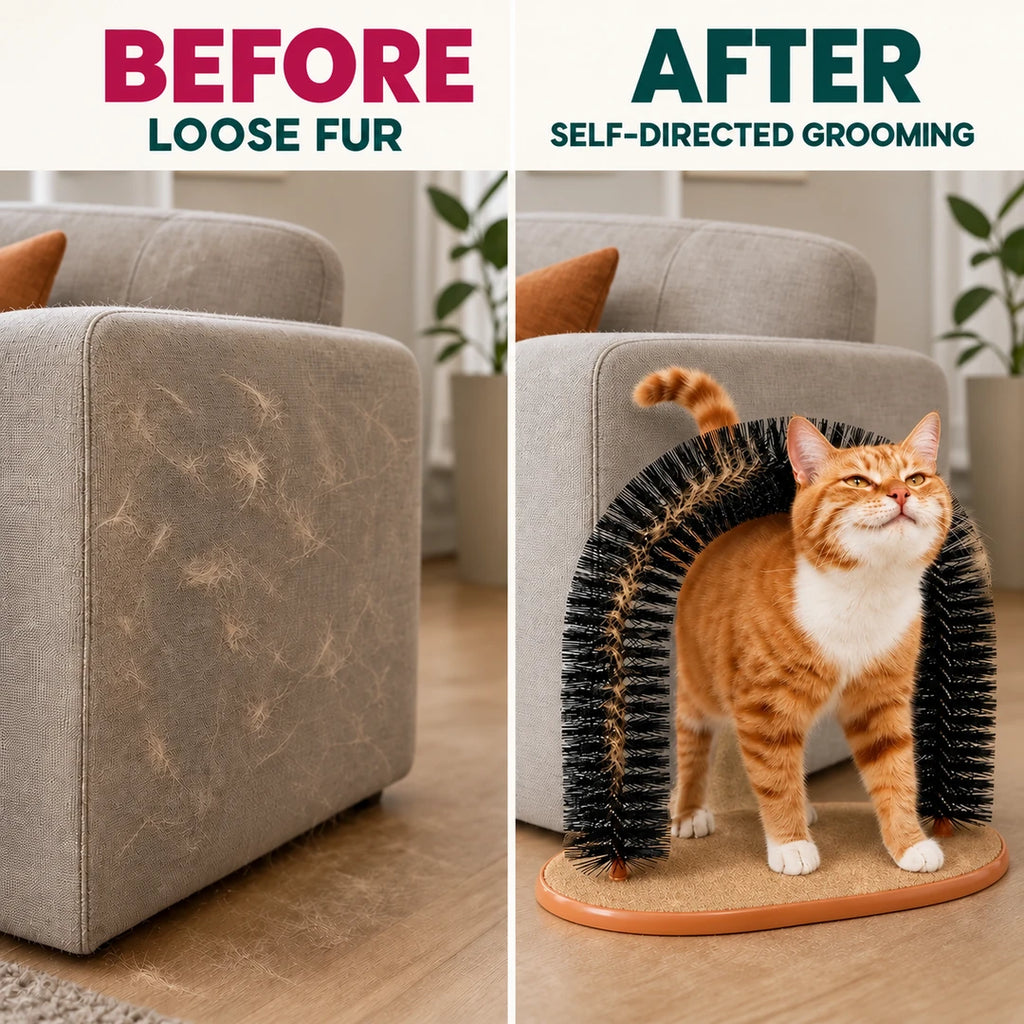 BEFORE and AFTER: loose fur compared with self-directed grooming using the Purrnivo Cat Self-Groomer - Petifo