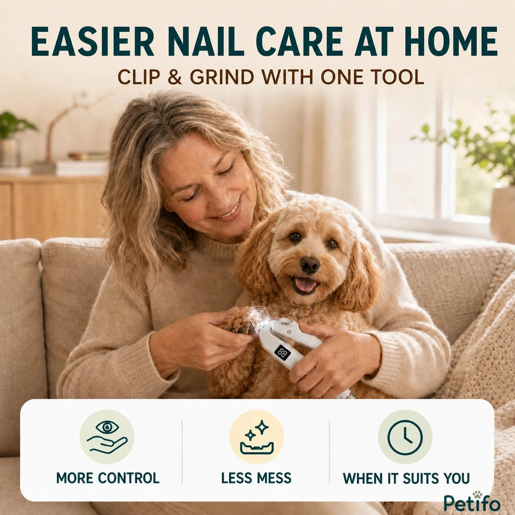 Silvetti 2-in-1 nail tool: Owner using the 2-in-1 nail tool on a small dog at home - Petifo