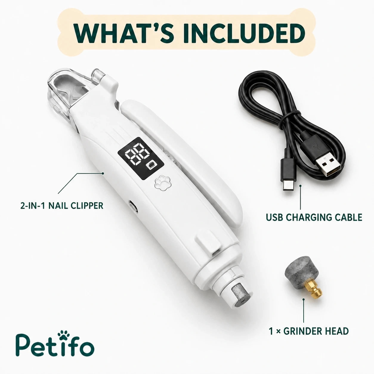 Silvetti 2-in-1 nail tool: Nail clipper, USB-C cable and replacement grinder head included - Petifo