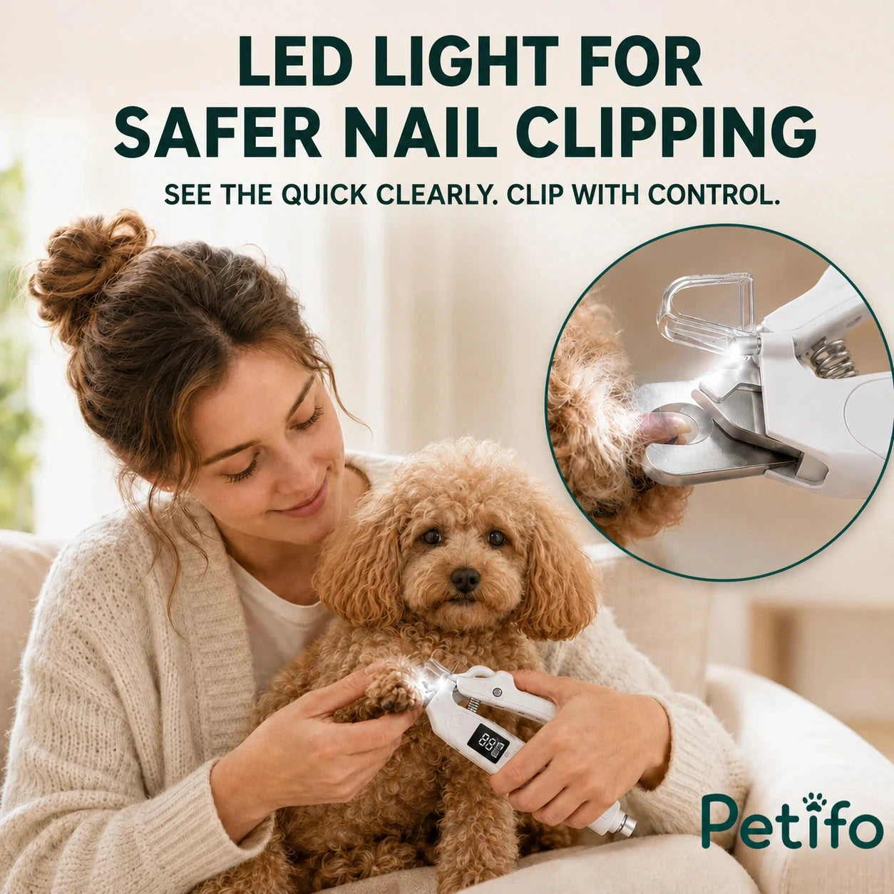 Silvetti 2-in-1 nail tool: LED light illuminating a dog's nail during clipping - Petifo
