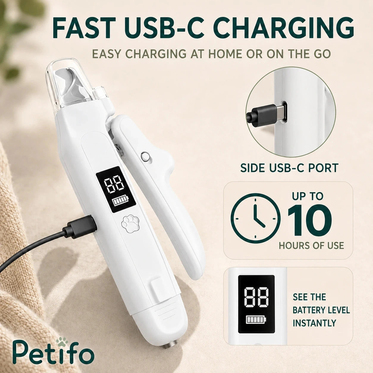 Silvetti 2-in-1 nail tool: USB-C charging port and battery display on the nail tool - Petifo