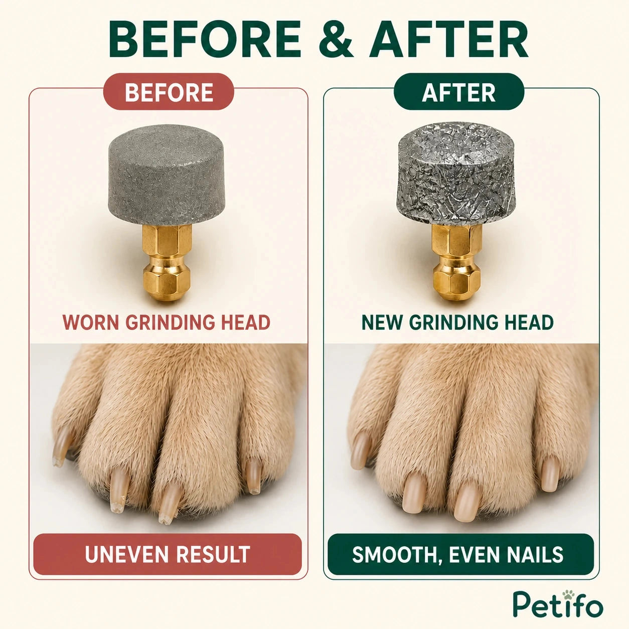 Silvetti replacement nail grinder heads: Worn and new nail grinder heads with nail finish comparison - Petifo