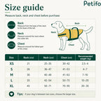 Comprehensive size guide chart showing back, neck, and chest measurement instructions for dog life jackets.